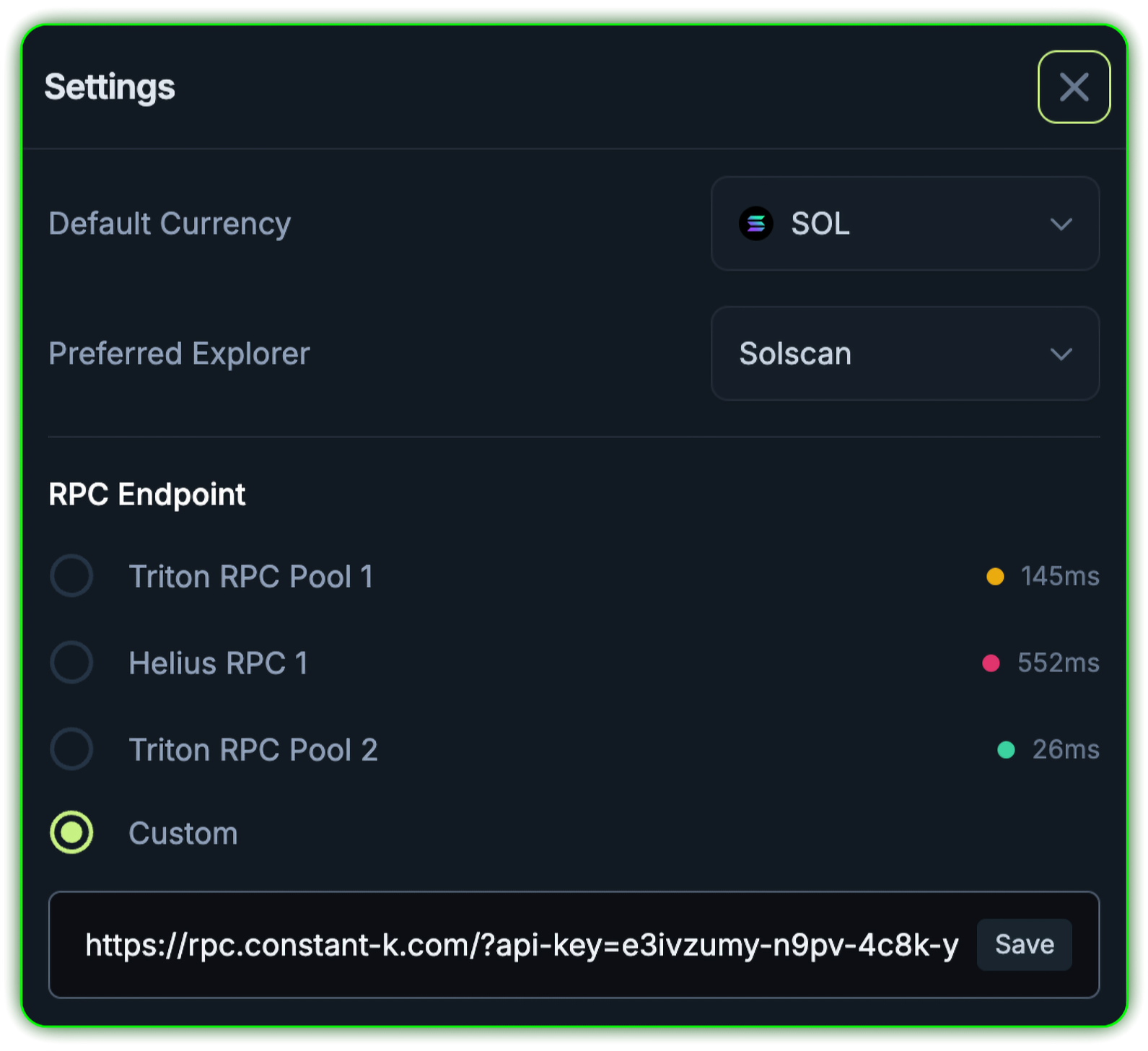 Jupiter Custom RPC Setting Dialog